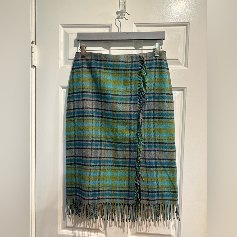 J. Jill midi plaid skirt with fringe sz 4 new with tag NWT green blue